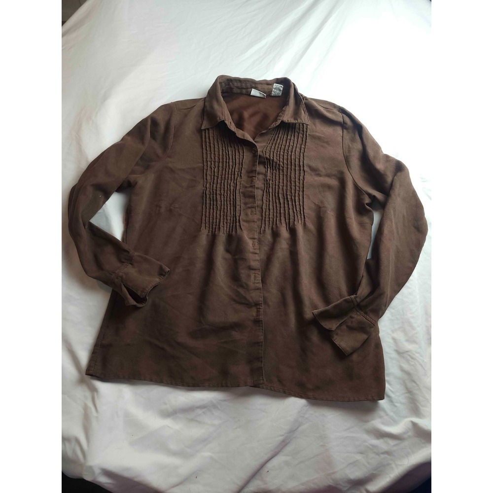 Kim Rogers Shirt  Womens Size 1X Brown Faux Suede Button Up Pintuck Long Sleeve‎